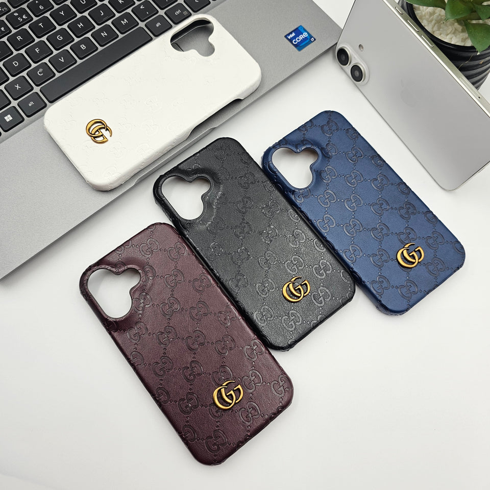 iPhone 16 Series Luxury GG Fashion Leather Brand Case Cover