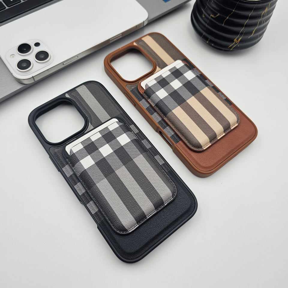 iPhone 16 Series Checks Pattern Leather Detachable Magnetic Card Holder Case