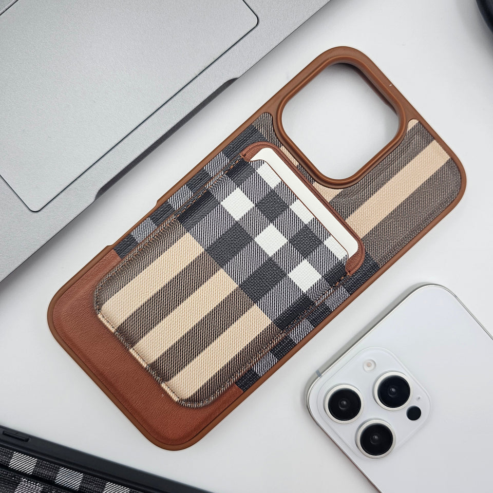 iPhone 16 Series Checks Pattern Leather Detachable Magnetic Card Holder Case