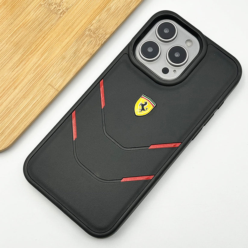 iPhone 15 Series Ferrari Logo Side Four Line Design Leather cover