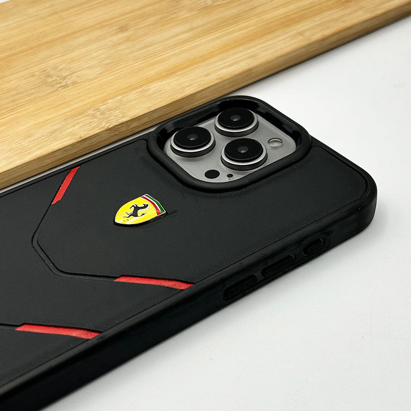 iPhone 15 Series Ferrari Logo Side Four Line Design Leather cover