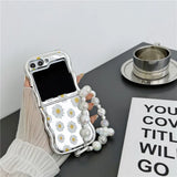 Samsung Galaxy Z Flip 5 Flower Design Curly Wave Frame Plated Case Cover with Crystal Pearl Chain