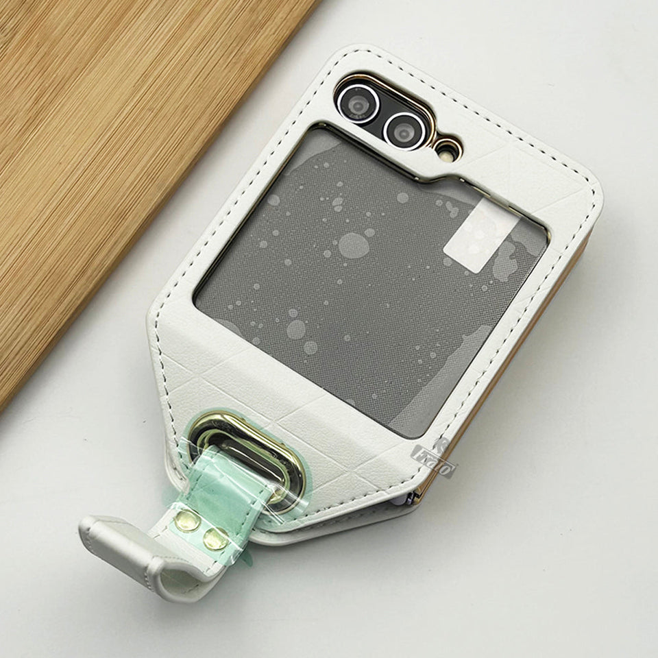 Samsung Galaxy Z Flip 5 Luxury Chrome Plated Faux Leather Case Cover With Wrist Strap Holder