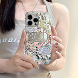 iPhone 15 series Fold effect Electroplated Heart Mirror Design Case Cover With Chain Holder