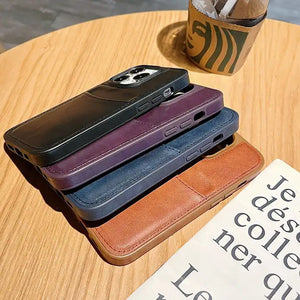 iPhone 15 Series Fashion Pu Leather Stitch Case Cover With Card Holder Slot