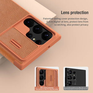 Samsung S23 Ultra Camera Protection QIN Leather Flip Case Brown