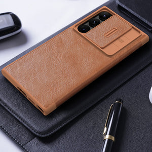 Samsung S23 Ultra Camera Protection QIN Leather Flip Case Brown