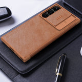 Samsung S23 Ultra Camera Protection QIN Leather Flip Case Brown