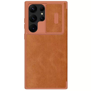 Samsung S23 Ultra Camera Protection QIN Leather Flip Case Brown