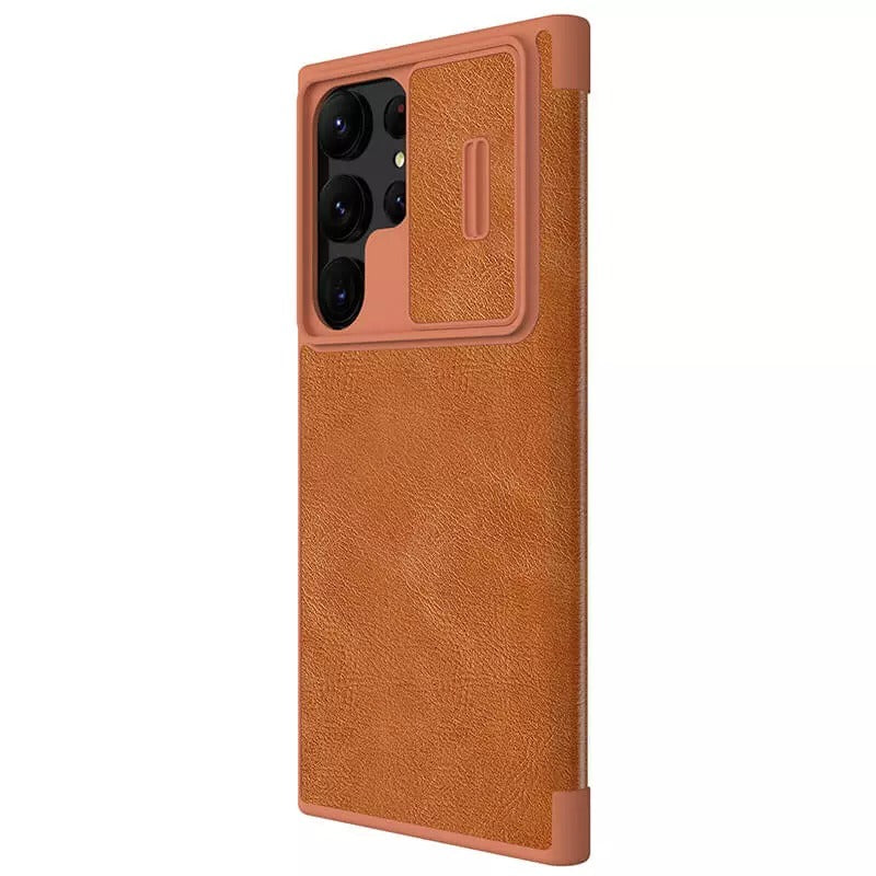 Samsung S23 Ultra Camera Protection QIN Leather Flip Case Brown