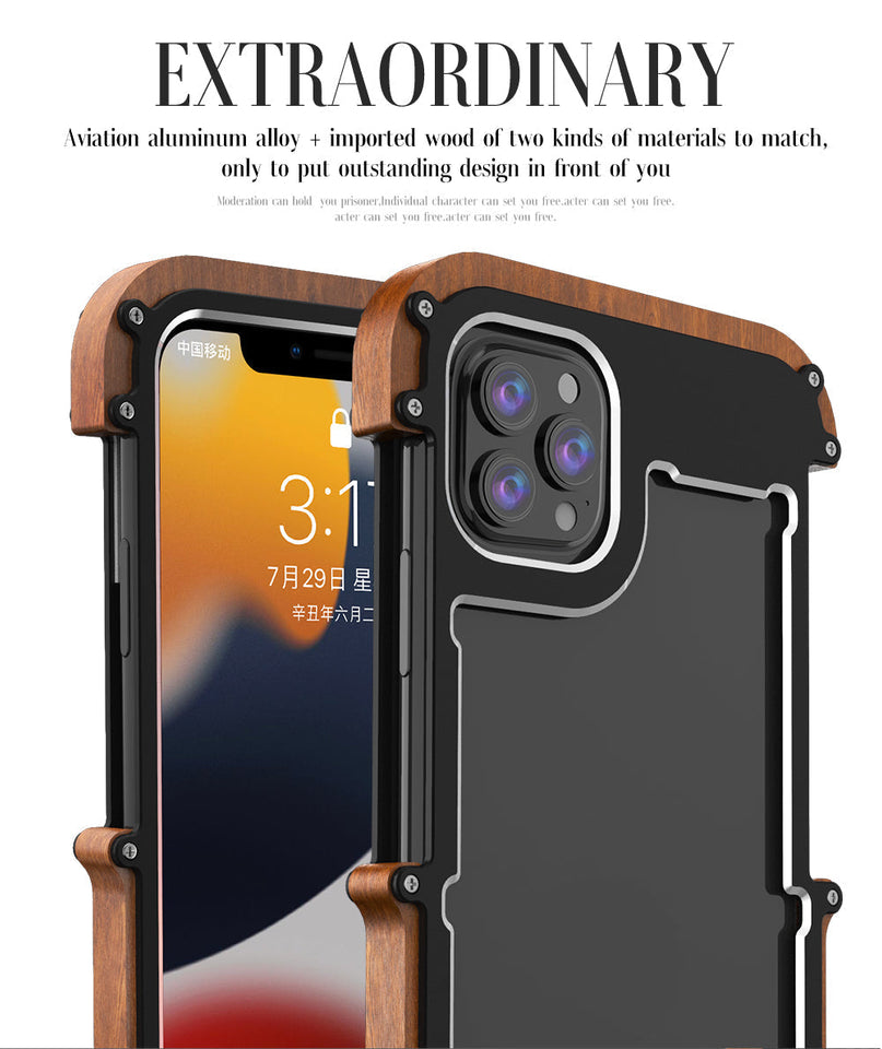 R-Just Aluminum & Natural Wood Bumper Case Cover For iPhone