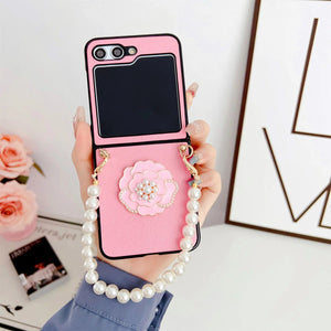 Samsung Galaxy Z Flip 5 Luxury 3D Rose Flower Design Case Cover With Pearl Chain