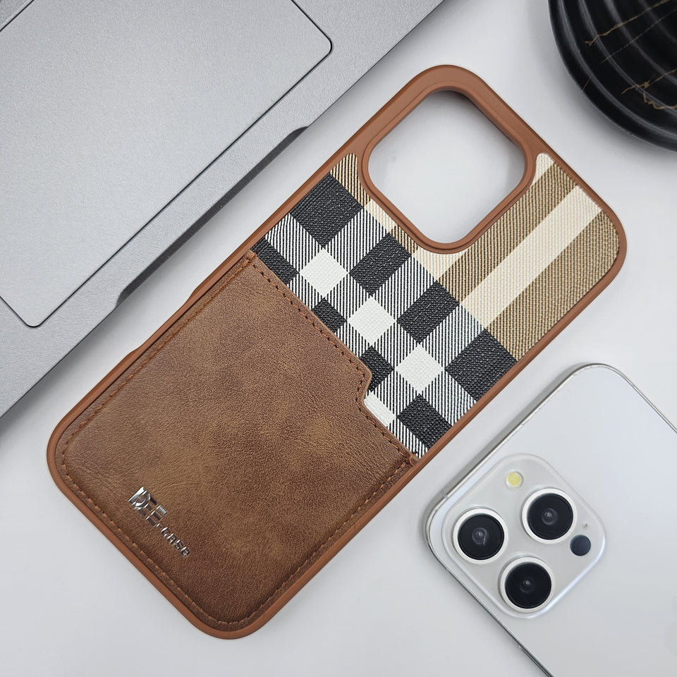 iPhone 16 Series Checks Pattern Leather Cardholder Case With Inside Velvet