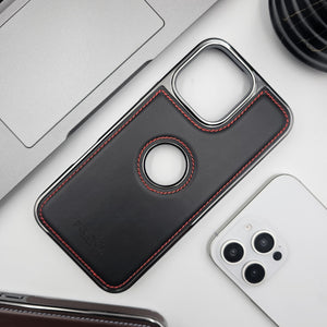 iPhone 16 Series Logo Cut Corner Stitched PU Leather Chrome Case