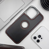 iPhone 16 Series Logo Cut Corner Stitched PU Leather Chrome Case