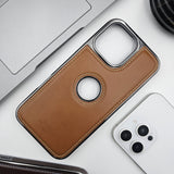 iPhone 16 Series Logo Cut Corner Stitched PU Leather Chrome Case