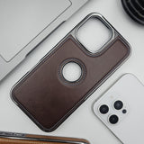 iPhone 16 Series Logo Cut Corner Stitched PU Leather Chrome Case