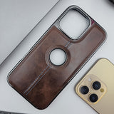 iPhone 16 Series Logo Cut Centre Stitched PU Leather Chrome Case