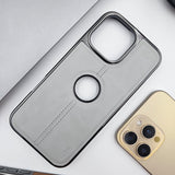 iPhone 16 Series Logo Cut Centre Stitched PU Leather Chrome Case