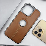 iPhone 16 Series Logo Cut Centre Stitched PU Leather Chrome Case