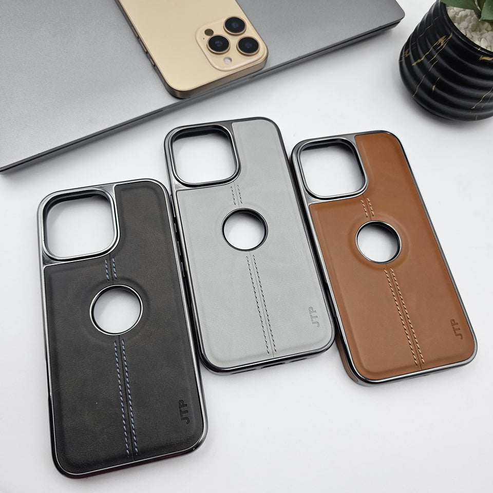 iPhone 16 Series Logo Cut Centre Stitched PU Leather Chrome Case