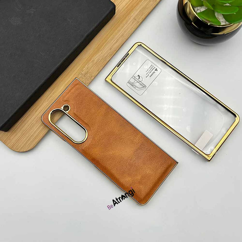 Samsung Galaxy Z Fold 5 PU Leather Chrome Plated With Front Screen Protector Case