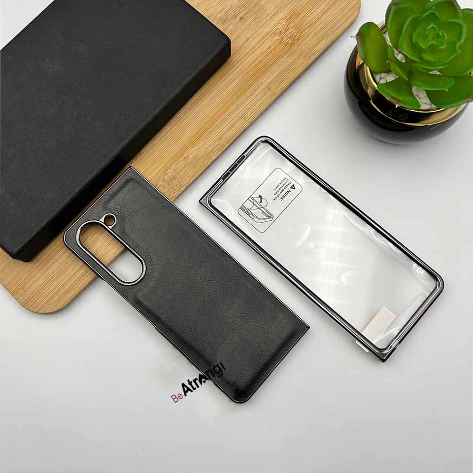 Samsung Galaxy Z Fold 5 PU Leather Chrome Plated With Front Screen Protector Case