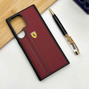 Samsung S23 Ultra iPhone Ferrari Stripe Leather Case Cover Maroon