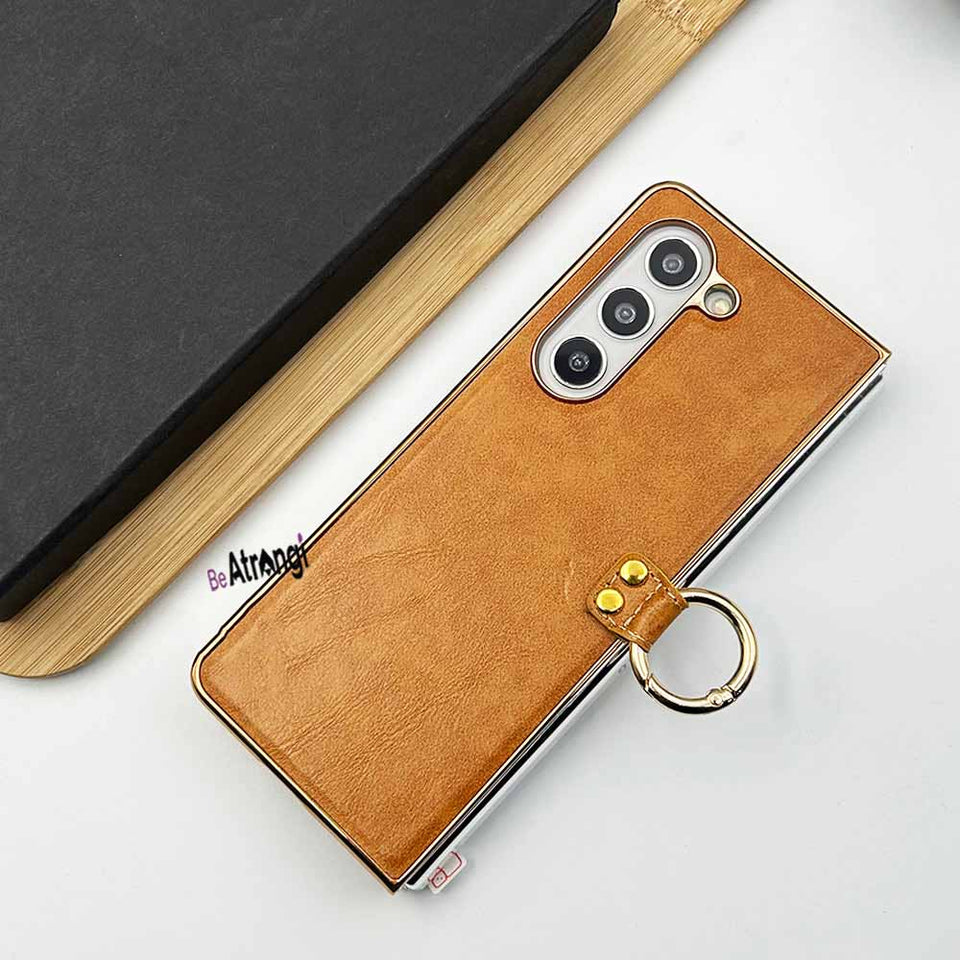 Samsung Galaxy Z Fold 5 PU Leather Chrome Plated With Front Screen Protector Metal Ring Case Cover