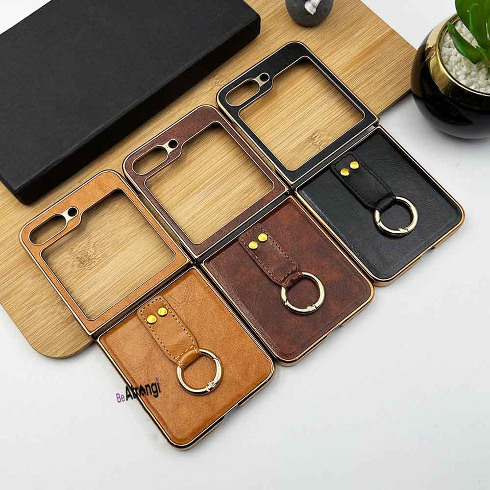 Samsung Galaxy Z Flip 5 Chrome Plated Pu Leather Metal Ring Holder Case Cover