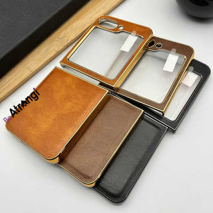 Samsung Galaxy Z Flip 5 PU Leather Chrome Plated With Front Screen Protector Cover