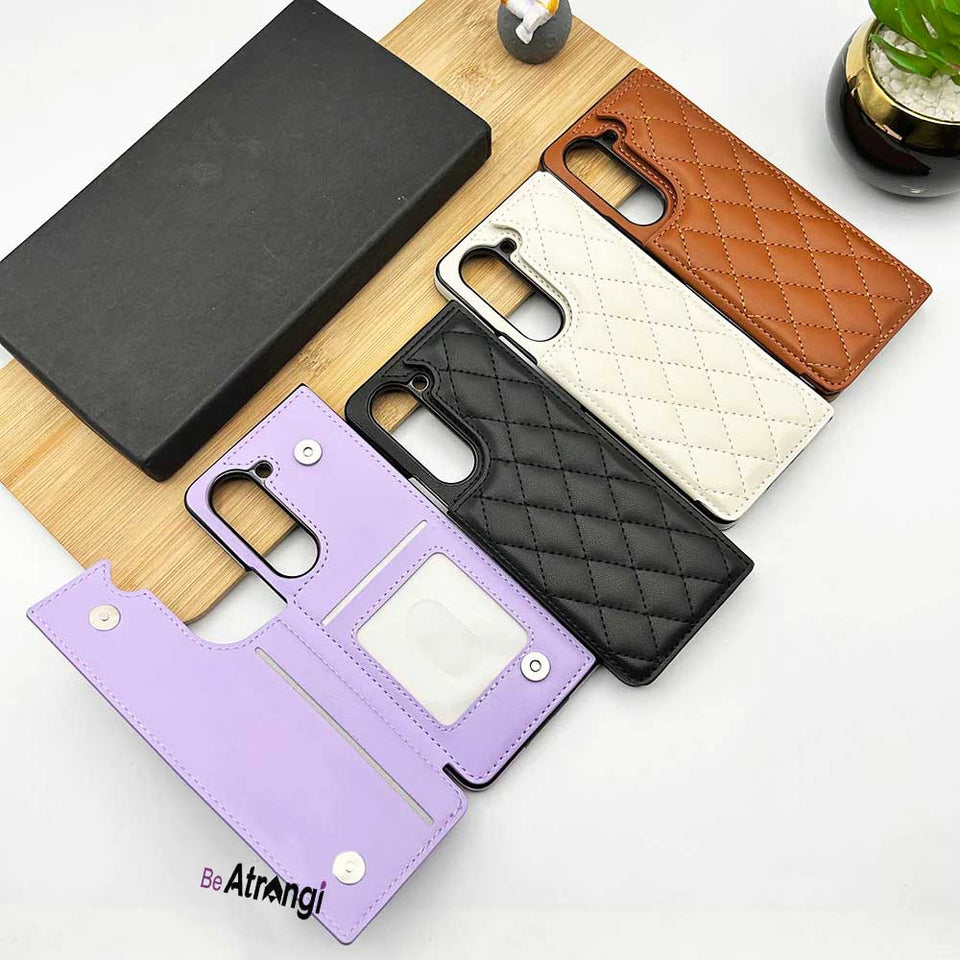 Samsung Galaxy Z Fold 5 Fashion Puffer Leather Stitch Design Card Holder Cover