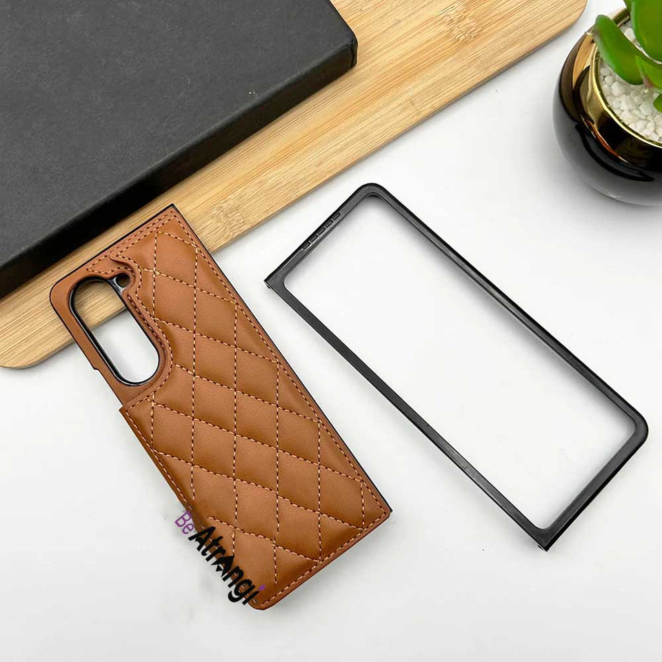 Samsung Galaxy Z Fold 5 Fashion Puffer Leather Stitch Design Card Holder Cover