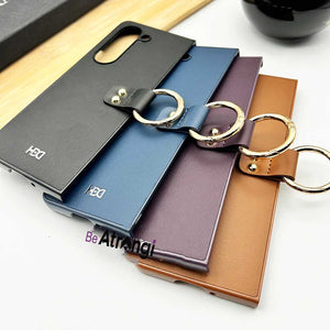 Samsung Galaxy Z Fold 5 Matte Finish PU Leather Cover With Metal Ring Holder