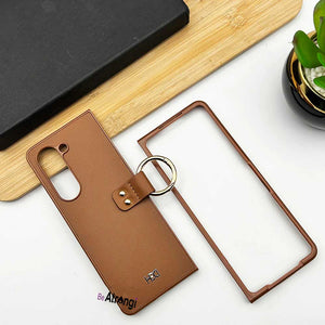 Samsung Galaxy Z Fold 5 Matte Finish PU Leather Cover With Metal Ring Holder