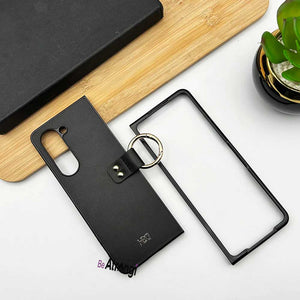 Samsung Galaxy Z Fold 5 Matte Finish PU Leather Cover With Metal Ring Holder