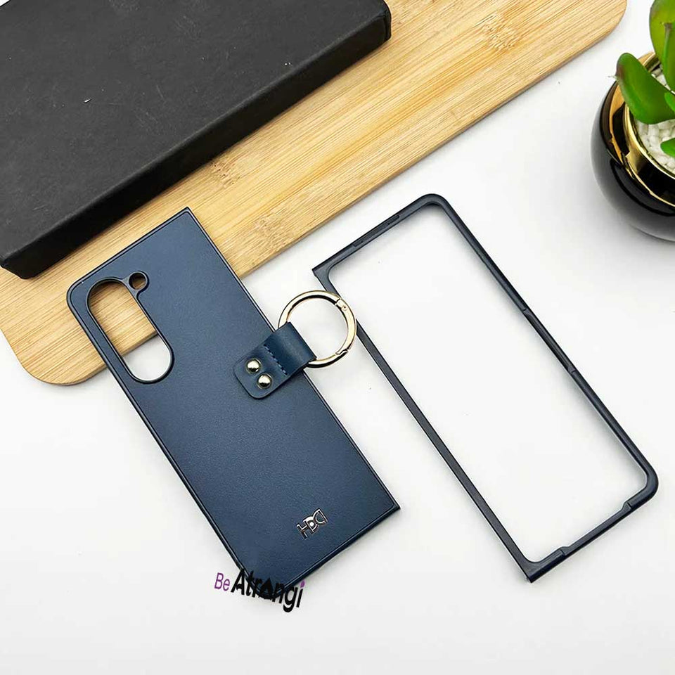 Samsung Galaxy Z Fold 5 Matte Finish PU Leather Cover With Metal Ring Holder