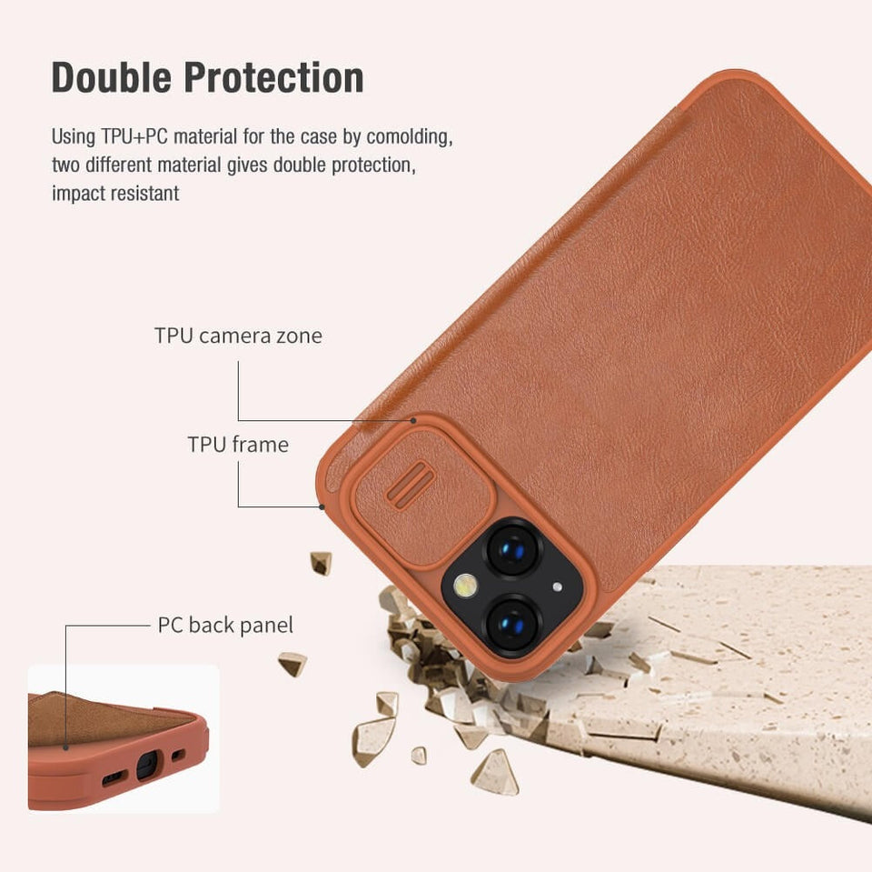 iPhone 14 Camera Protection QIN Leather Flip Case Brown