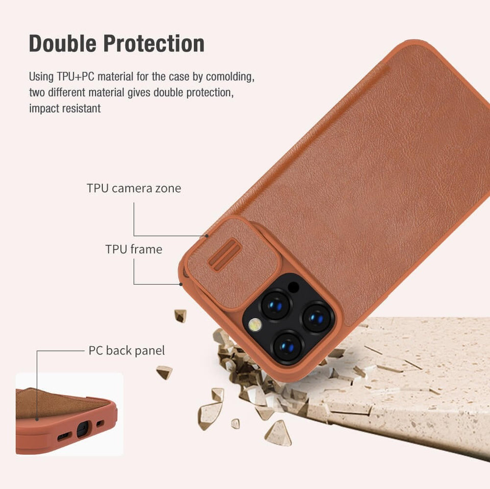 iPhone 13 Pro Camera Protection QIN Leather Flip Case Brown