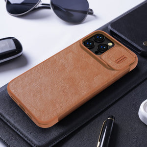 iPhone 14 Pro Camera Protection QIN Leather Flip Case Brown