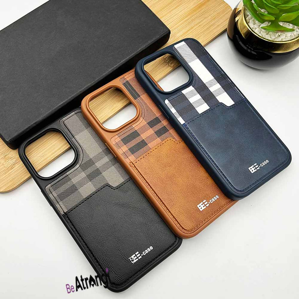 iPhone 15 Series Chex Leather Card Holder Wallet Case Cover