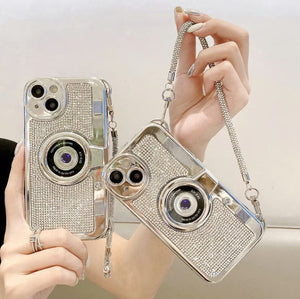 iPhone Sliver Diamond Studded Retro Camera Sling Case Cover