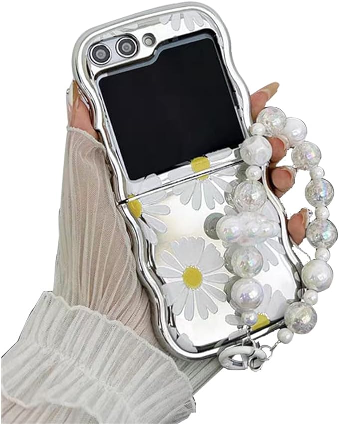 Samsung Galaxy Z Flip 5 Flower Design Curly Wave Frame Plated Case Cover with Crystal Pearl Chain