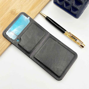 Samsung Z Flip 4 PU Leather Chrome Plated With Front Screen Protector Case Cover